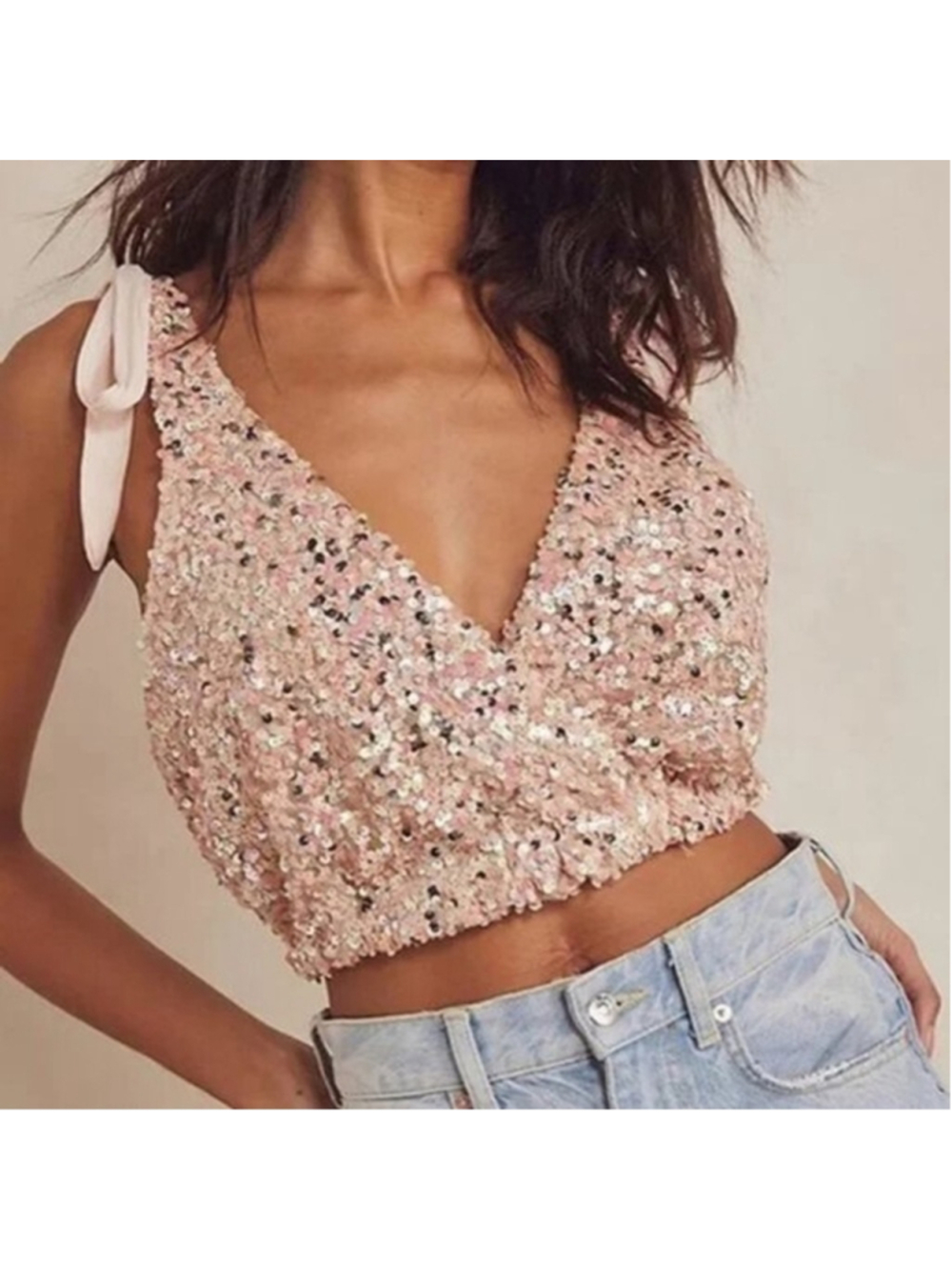 Free People Intimately Sequin Crop Top – Champagne Rose Pink – Size Large